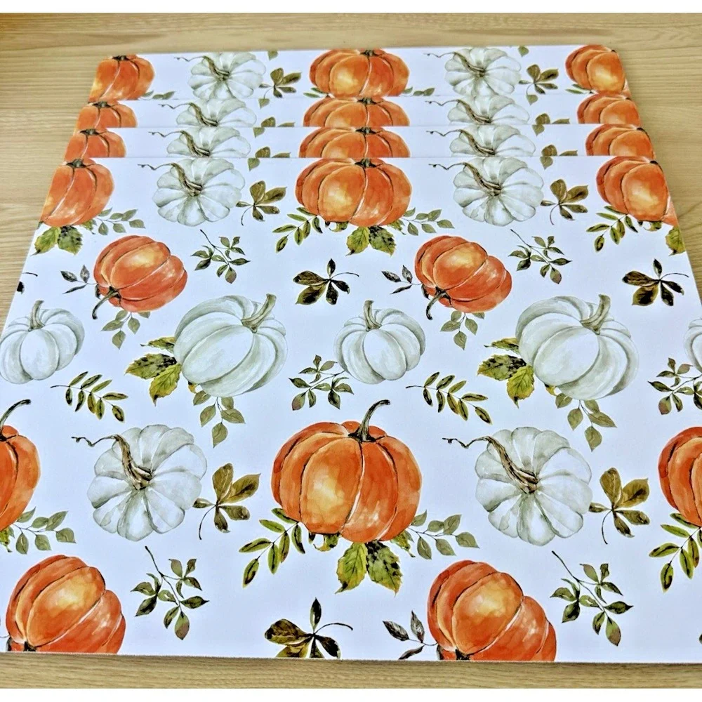 Cork Non-Slip Placemat Set of 4 Pumpkin Fall Thanksgiving, Orange/White/Green